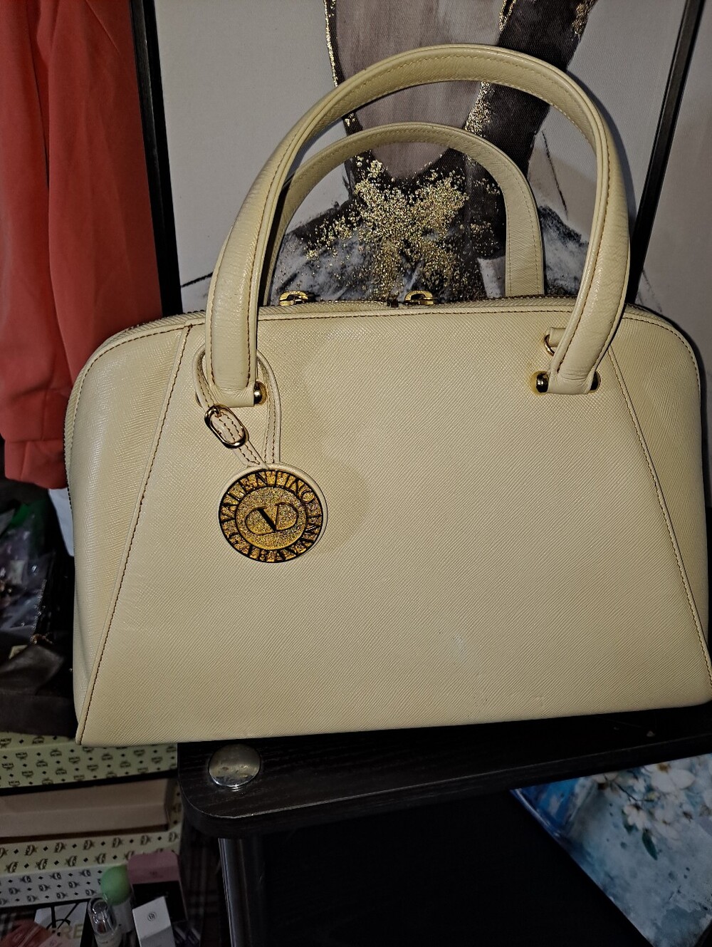 Valentino Garavani Cream Dome Satchel with Gold Medallion